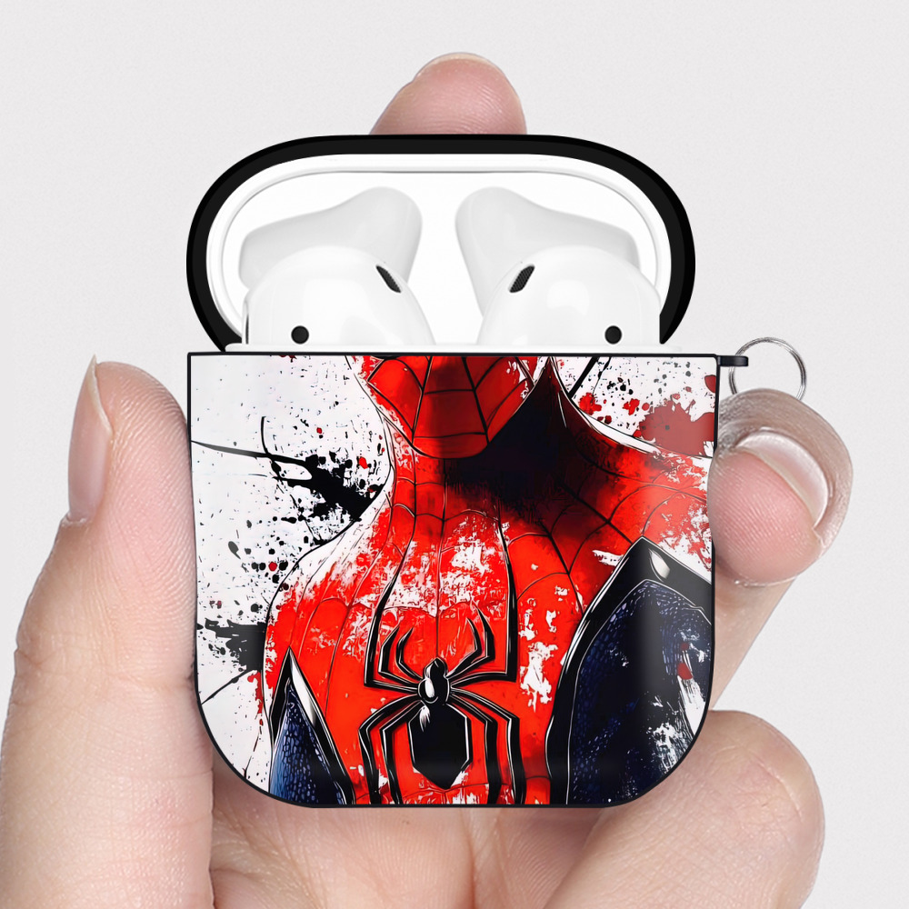 （画像用） Spider Man スパイダーマン AirPods 第2世代保護ケース ハードシェル ブラック 耐衝撃・防指紋・カラビナ付き