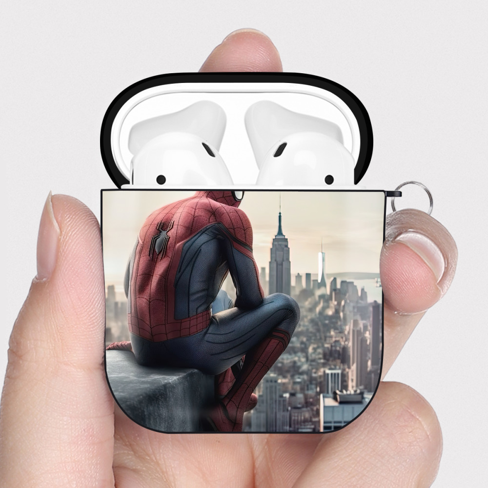 （画像用） Spider Man スパイダーマン AirPods 第2世代保護ケース ハードシェル ブラック 耐衝撃・防指紋・カラビナ付き