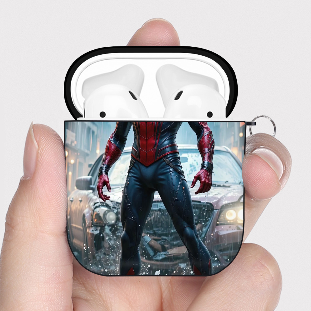 （画像用） Spider Man スパイダーマン AirPods 第2世代保護ケース ハードシェル ブラック 耐衝撃・防指紋・カラビナ付き
