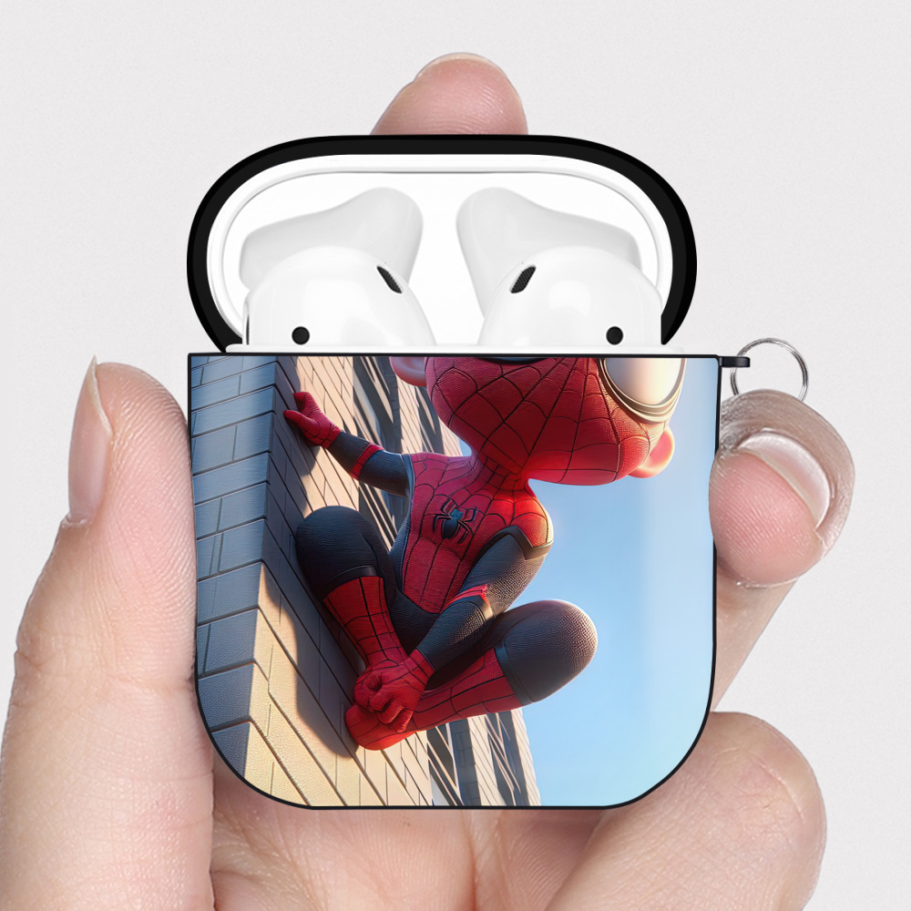 （画像用） Spider Man スパイダーマン AirPods 第2世代保護ケース ハードシェル ブラック 耐衝撃・防指紋・カラビナ付き