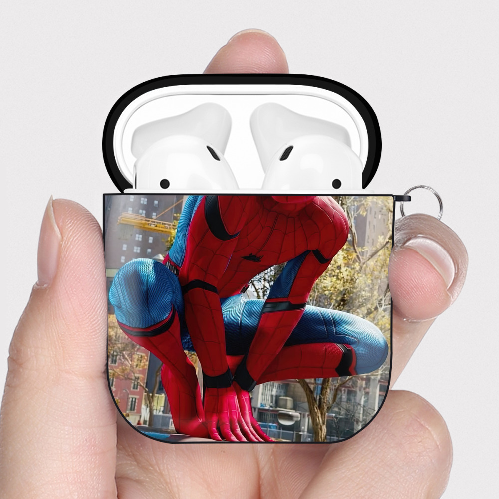 （画像用） Spider Man スパイダーマン AirPods 第2世代保護ケース ハードシェル ブラック 耐衝撃・防指紋・カラビナ付き