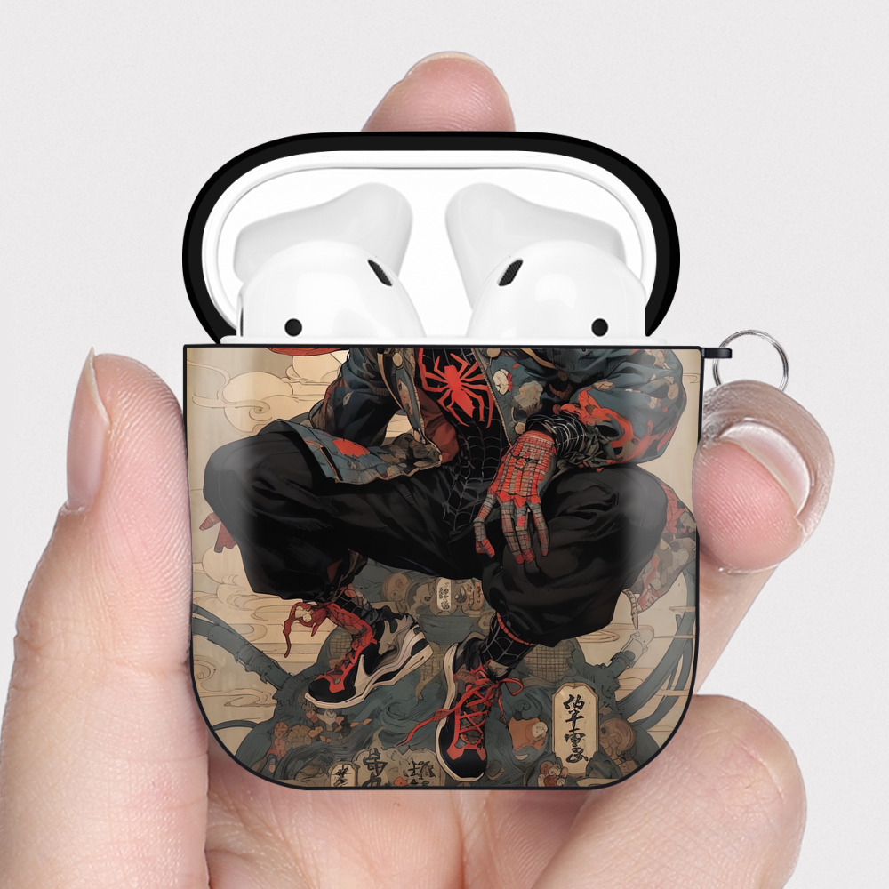 （画像用） Spider Man スパイダーマン AirPods 第2世代保護ケース ハードシェル ブラック 耐衝撃・防指紋・カラビナ付き