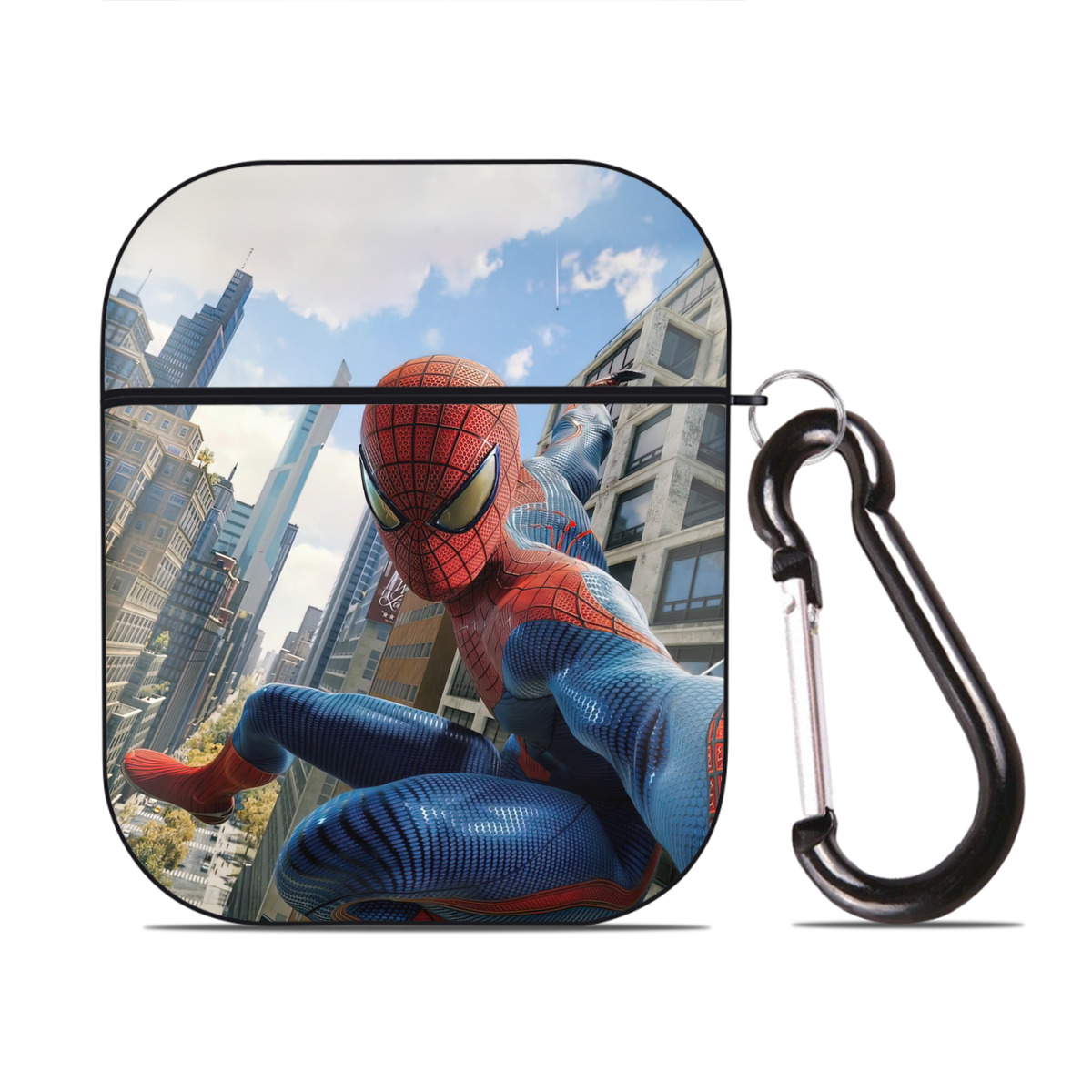 （画像用） Spider Man スパイダーマン AirPods 第2世代保護ケース ハードシェル ブラック 耐衝撃・防指紋・カラビナ付き