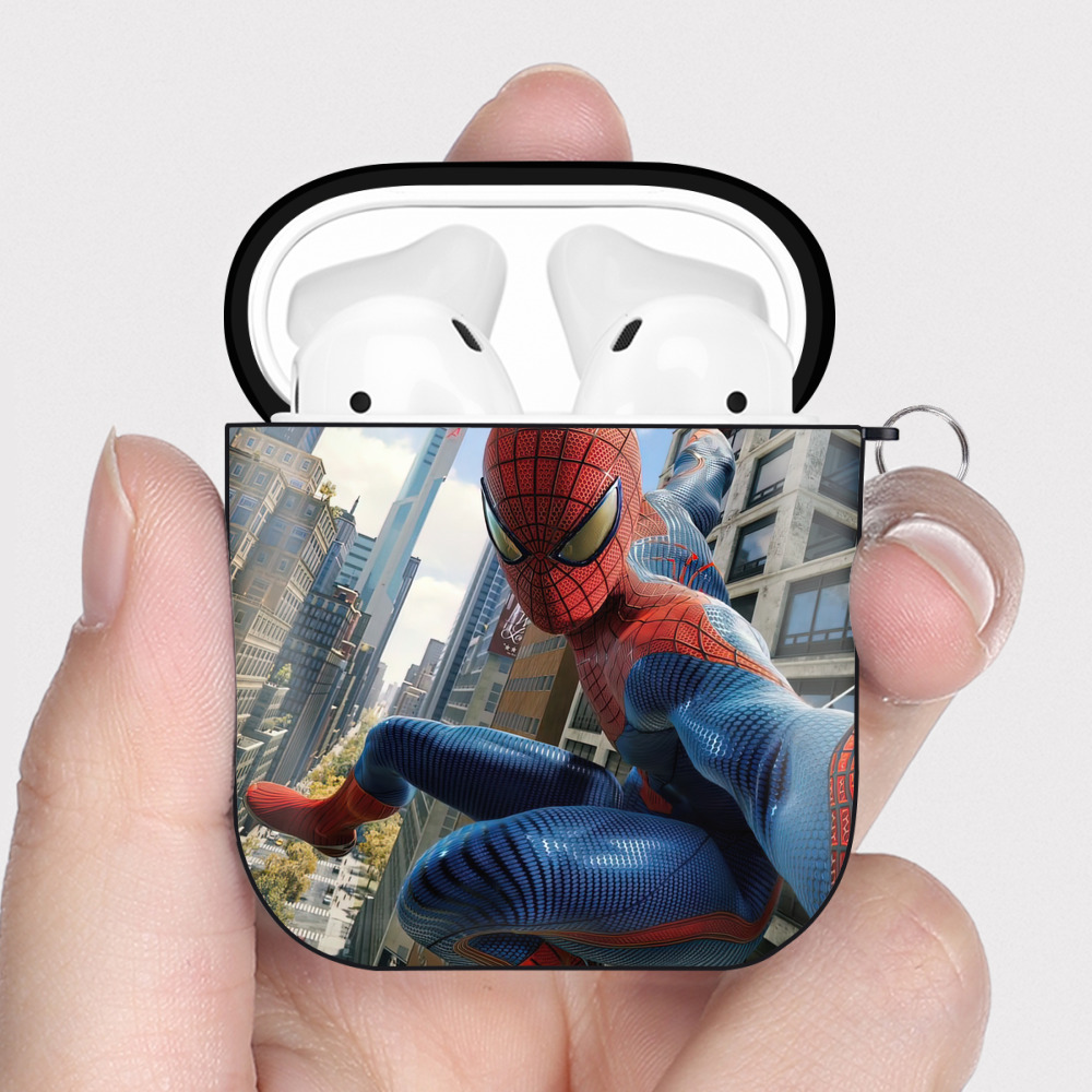 （画像用） Spider Man スパイダーマン AirPods 第2世代保護ケース ハードシェル ブラック 耐衝撃・防指紋・カラビナ付き
