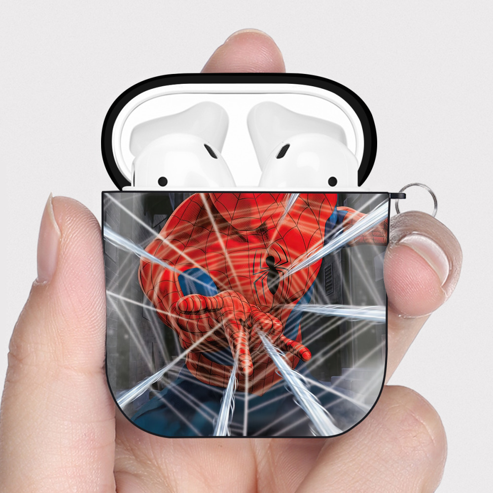 （画像用） Spider Man スパイダーマン AirPods 第2世代保護ケース ハードシェル ブラック 耐衝撃・防指紋・カラビナ付き