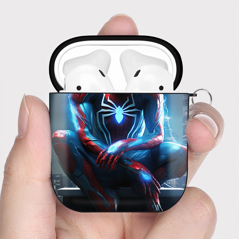 （画像用） Spider Man スパイダーマン AirPods 第2世代保護ケース ハードシェル ブラック 耐衝撃・防指紋・カラビナ付き