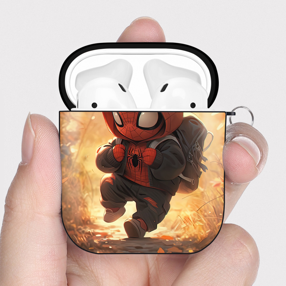 （画像用） Spider Man スパイダーマン AirPods 第2世代保護ケース ハードシェル ブラック 耐衝撃・防指紋・カラビナ付き