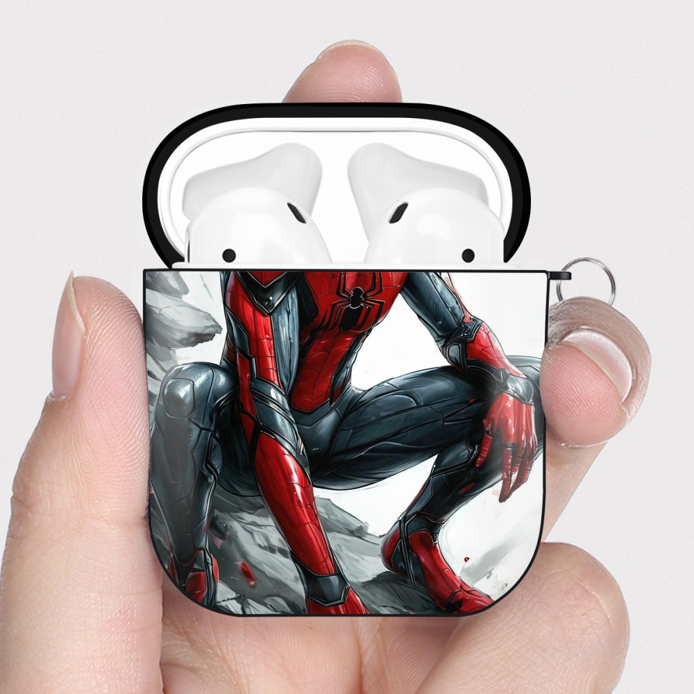 （画像用） Spider Man スパイダーマン AirPods 第2世代保護ケース ハードシェル ブラック 耐衝撃・防指紋・カラビナ付き