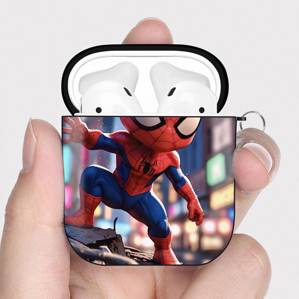 Spider Man スパイダーマン AirPods 第2世代保護ケース ハードシェル ブラック 耐衝撃・防指紋・カラビナ付き