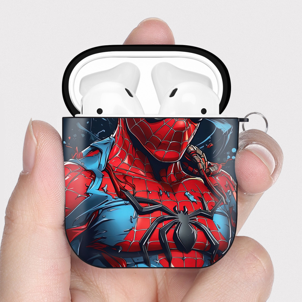 （画像用） Spider Man スパイダーマン AirPods 第2世代保護ケース ハードシェル ブラック 耐衝撃・防指紋・カラビナ付き