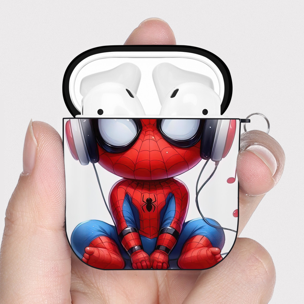 （画像用） Spider Man スパイダーマン AirPods 第2世代保護ケース ハードシェル ブラック 耐衝撃・防指紋・カラビナ付き