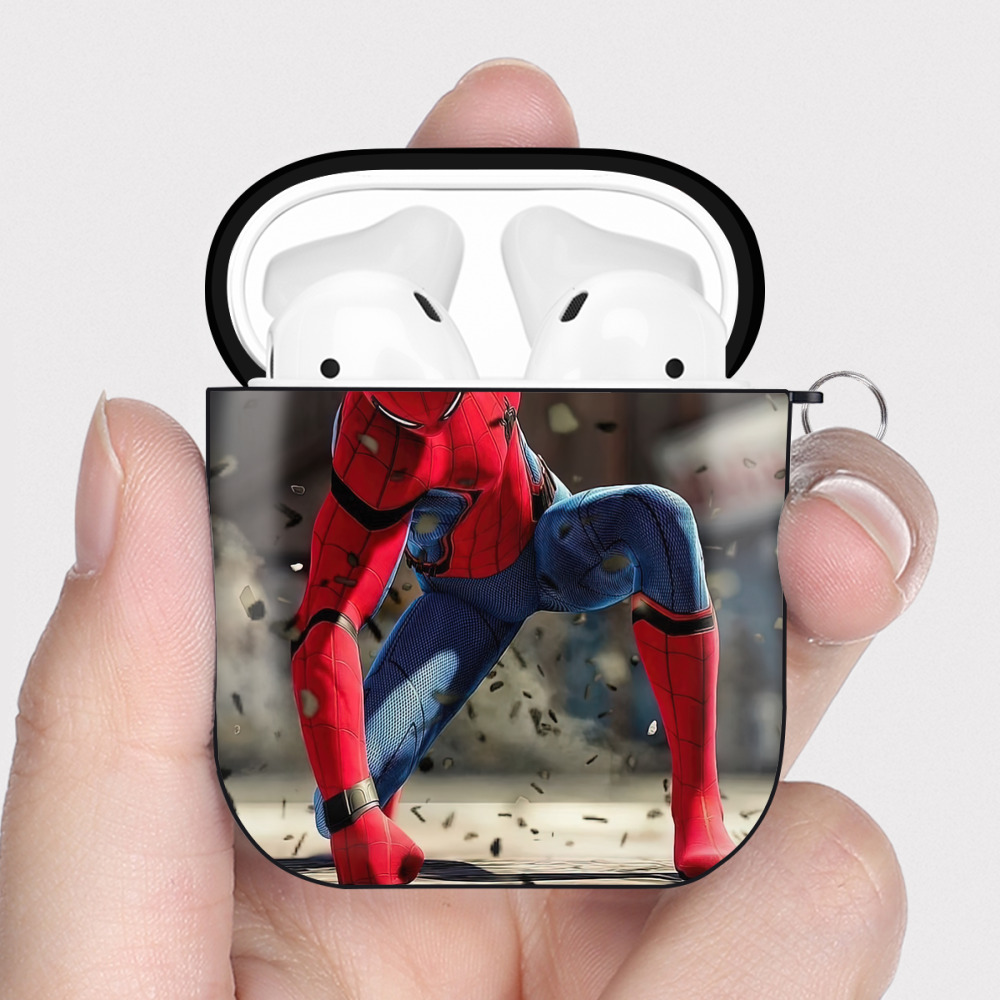 （画像用） Spider Man スパイダーマン AirPods 第2世代保護ケース ハードシェル ブラック 耐衝撃・防指紋・カラビナ付き