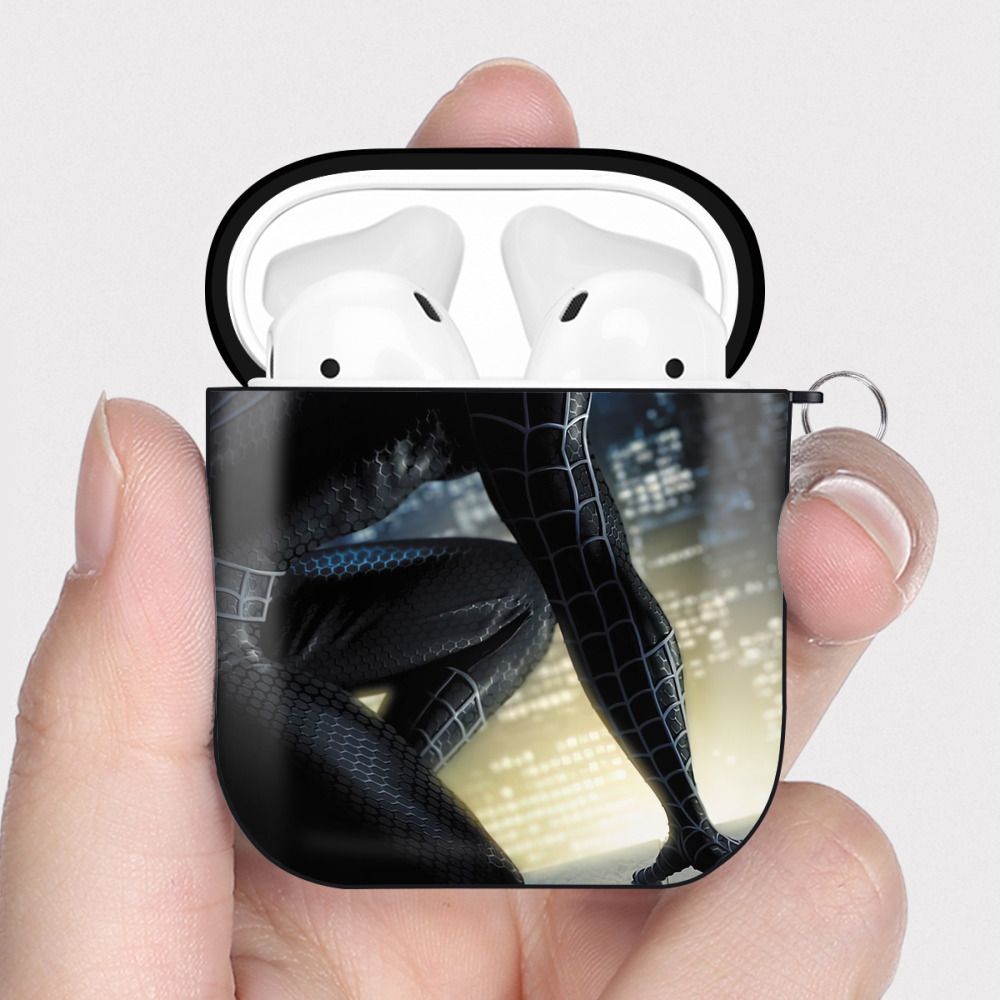（画像用） Spider Man スパイダーマン AirPods 第2世代保護ケース ハードシェル ブラック 耐衝撃・防指紋・カラビナ付き