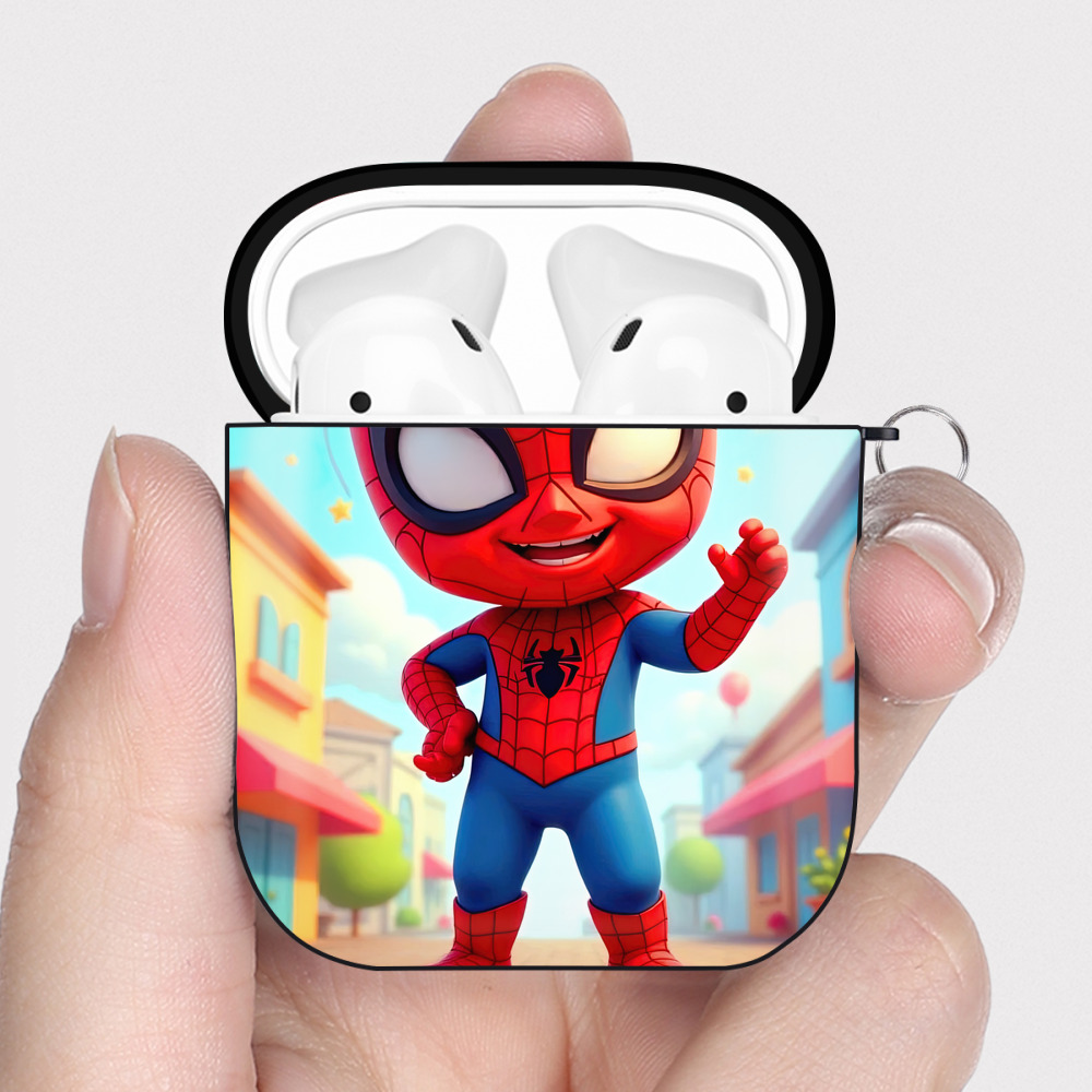 （画像用） Spider Man スパイダーマン AirPods 第2世代保護ケース ハードシェル ブラック 耐衝撃・防指紋・カラビナ付き