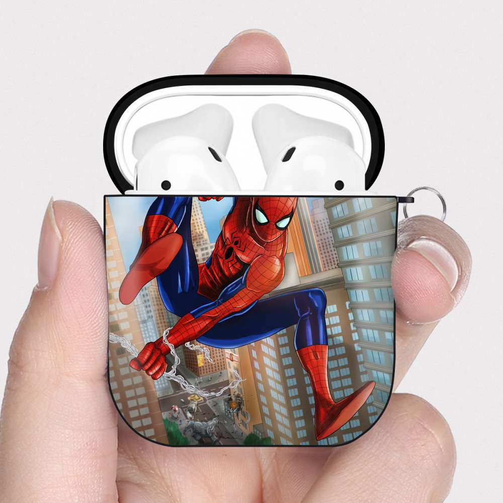 （画像用） Spider Man スパイダーマン AirPods 第2世代保護ケース ハードシェル ブラック 耐衝撃・防指紋・カラビナ付き