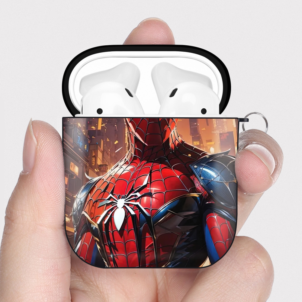 （画像用） Spider Man スパイダーマン AirPods 第2世代保護ケース ハードシェル ブラック 耐衝撃・防指紋・カラビナ付き