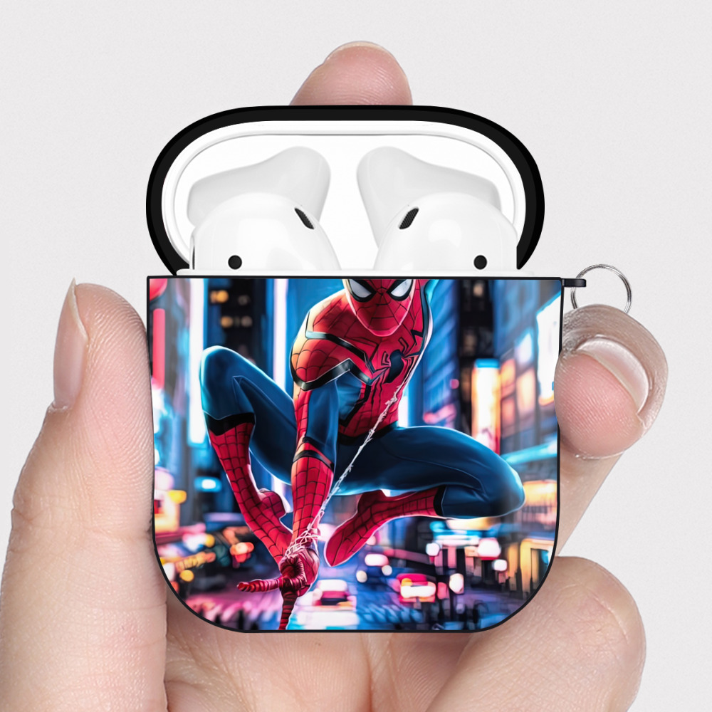 （画像用） Spider Man スパイダーマン AirPods 第2世代保護ケース ハードシェル ブラック 耐衝撃・防指紋・カラビナ付き