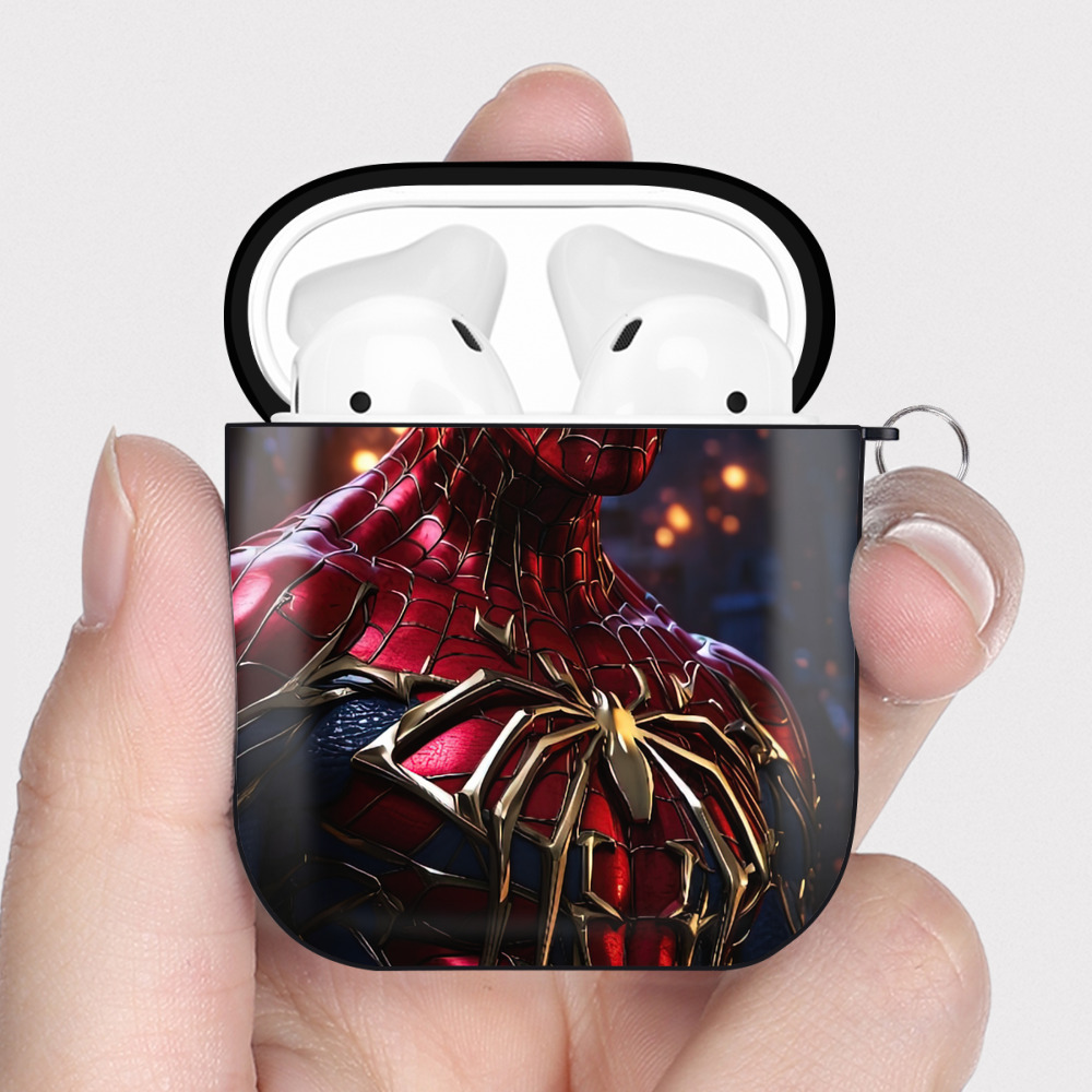 （画像用） Spider Man スパイダーマン AirPods 第2世代保護ケース ハードシェル ブラック 耐衝撃・防指紋・カラビナ付き