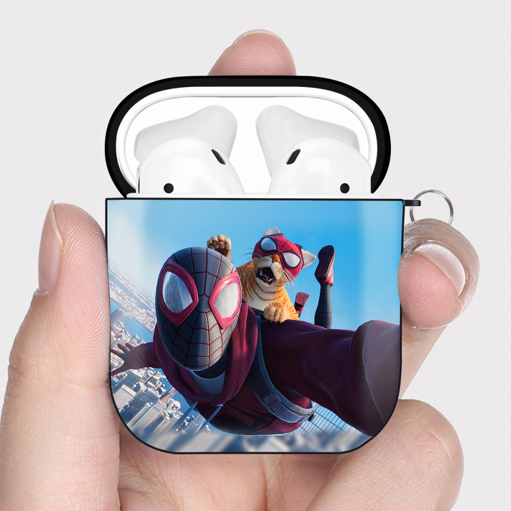 （画像用） Spider Man スパイダーマン AirPods 第2世代保護ケース ハードシェル ブラック 耐衝撃・防指紋・カラビナ付き