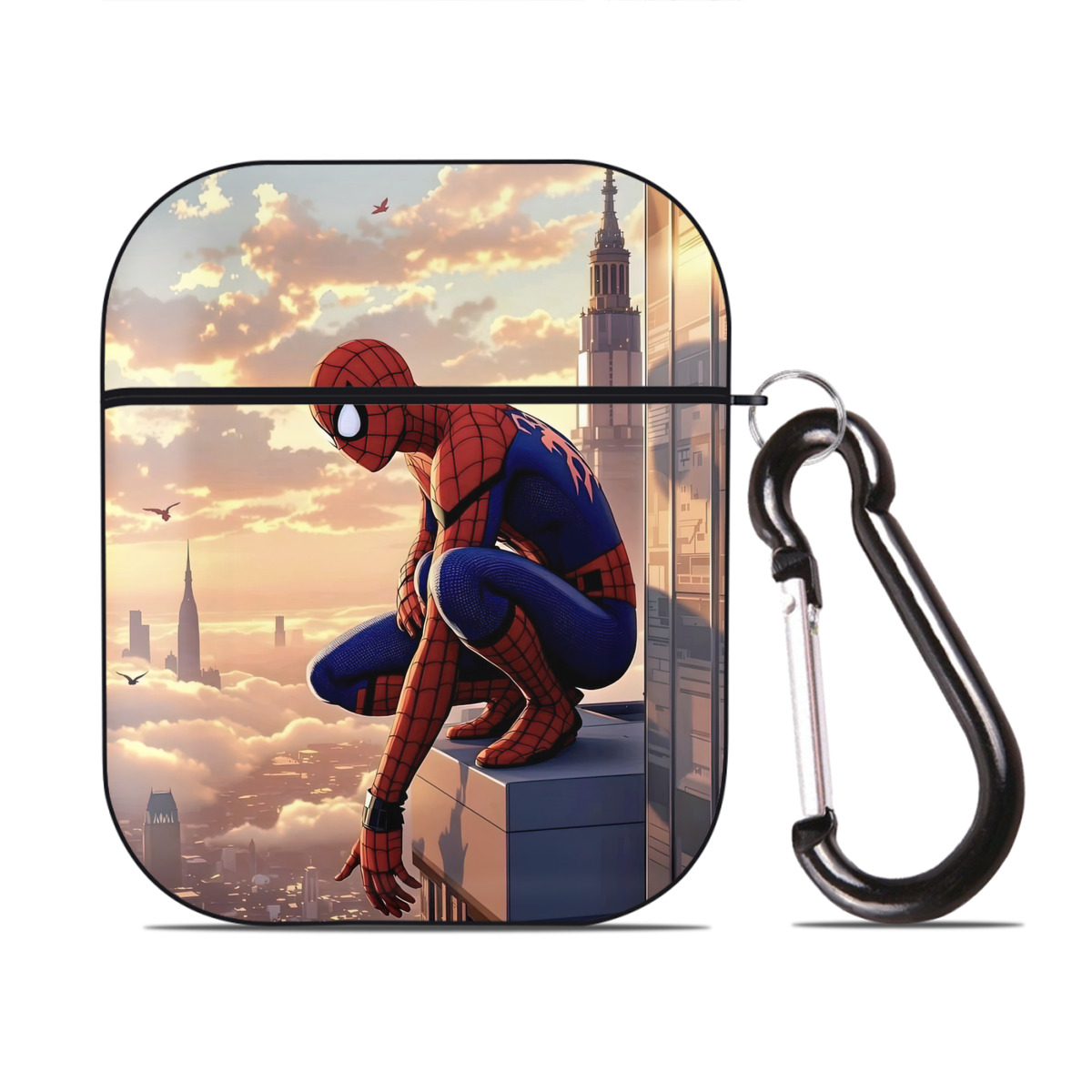 （画像用） Spider Man スパイダーマン AirPods 第2世代保護ケース ハードシェル ブラック 耐衝撃・防指紋・カラビナ付き