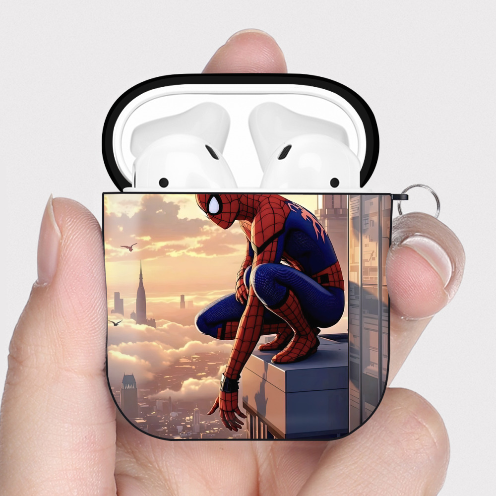 （画像用） Spider Man スパイダーマン AirPods 第2世代保護ケース ハードシェル ブラック 耐衝撃・防指紋・カラビナ付き