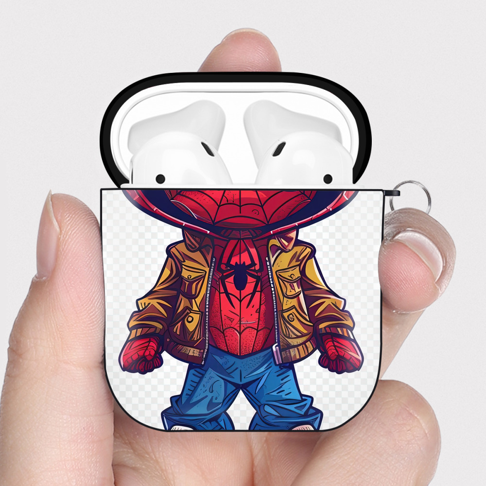 （画像用） Spider Man スパイダーマン AirPods 第2世代保護ケース ハードシェル ブラック 耐衝撃・防指紋・カラビナ付き
