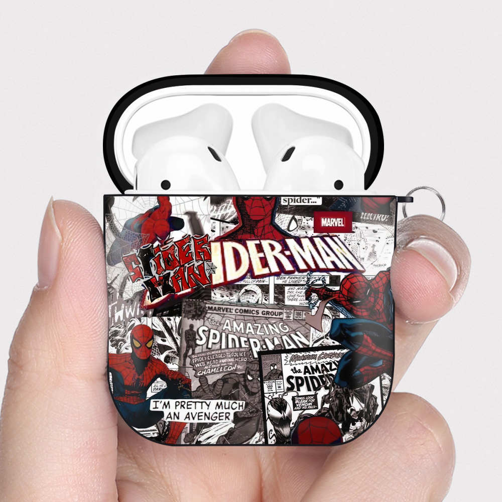 （画像用） Spider Man スパイダーマン AirPods 第2世代保護ケース ハードシェル ブラック 耐衝撃・防指紋・カラビナ付き