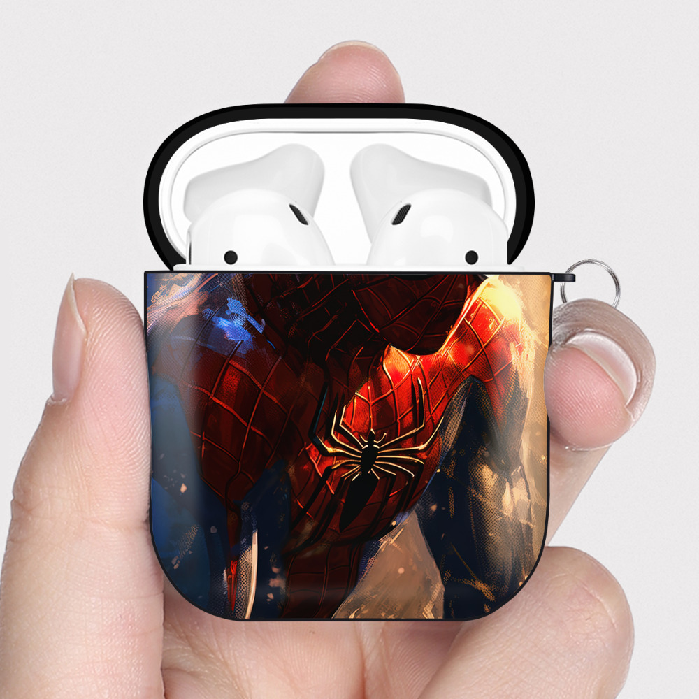 （画像用） Spider Man スパイダーマン AirPods 第2世代保護ケース ハードシェル ブラック 耐衝撃・防指紋・カラビナ付き