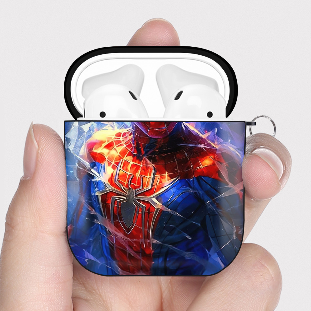 （画像用） Spider Man スパイダーマン AirPods 第2世代保護ケース ハードシェル ブラック 耐衝撃・防指紋・カラビナ付き