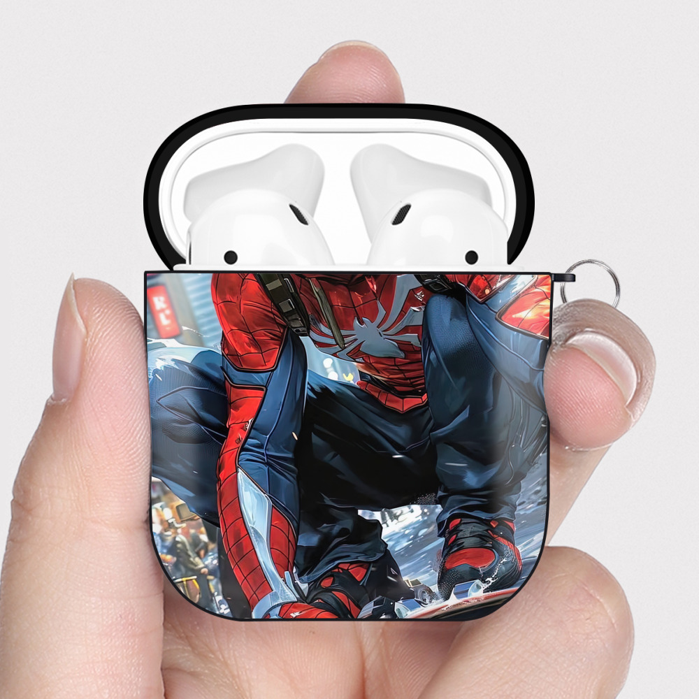 （画像用） Spider Man スパイダーマン AirPods 第2世代保護ケース ハードシェル ブラック 耐衝撃・防指紋・カラビナ付き