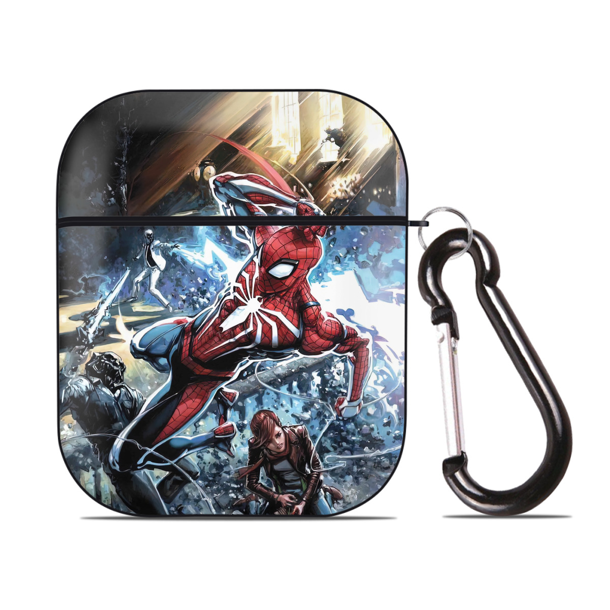 （画像用） Spider Man スパイダーマン AirPods 第2世代保護ケース ハードシェル ブラック 耐衝撃・防指紋・カラビナ付き