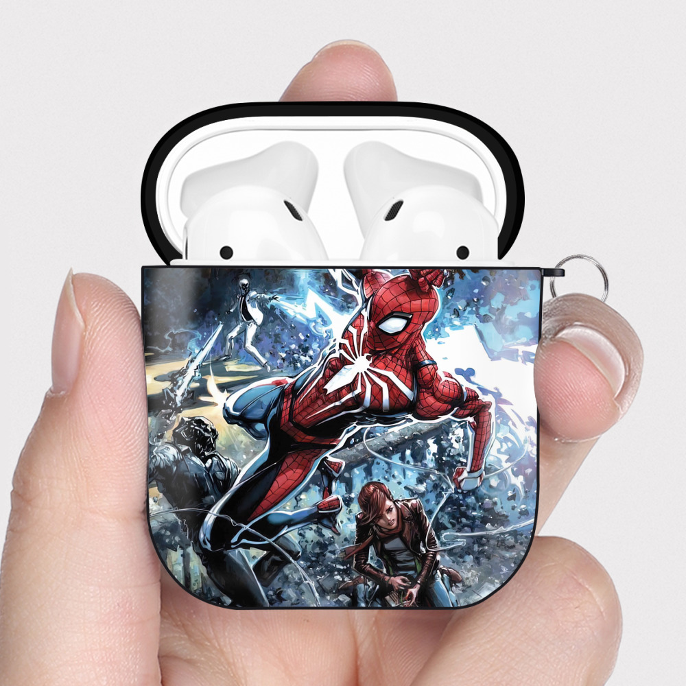 （画像用） Spider Man スパイダーマン AirPods 第2世代保護ケース ハードシェル ブラック 耐衝撃・防指紋・カラビナ付き