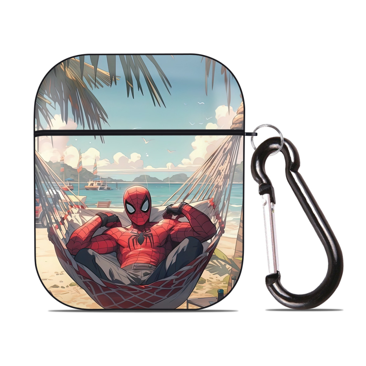 （画像用） Spider Man スパイダーマン AirPods 第2世代保護ケース ハードシェル ブラック 耐衝撃・防指紋・カラビナ付き