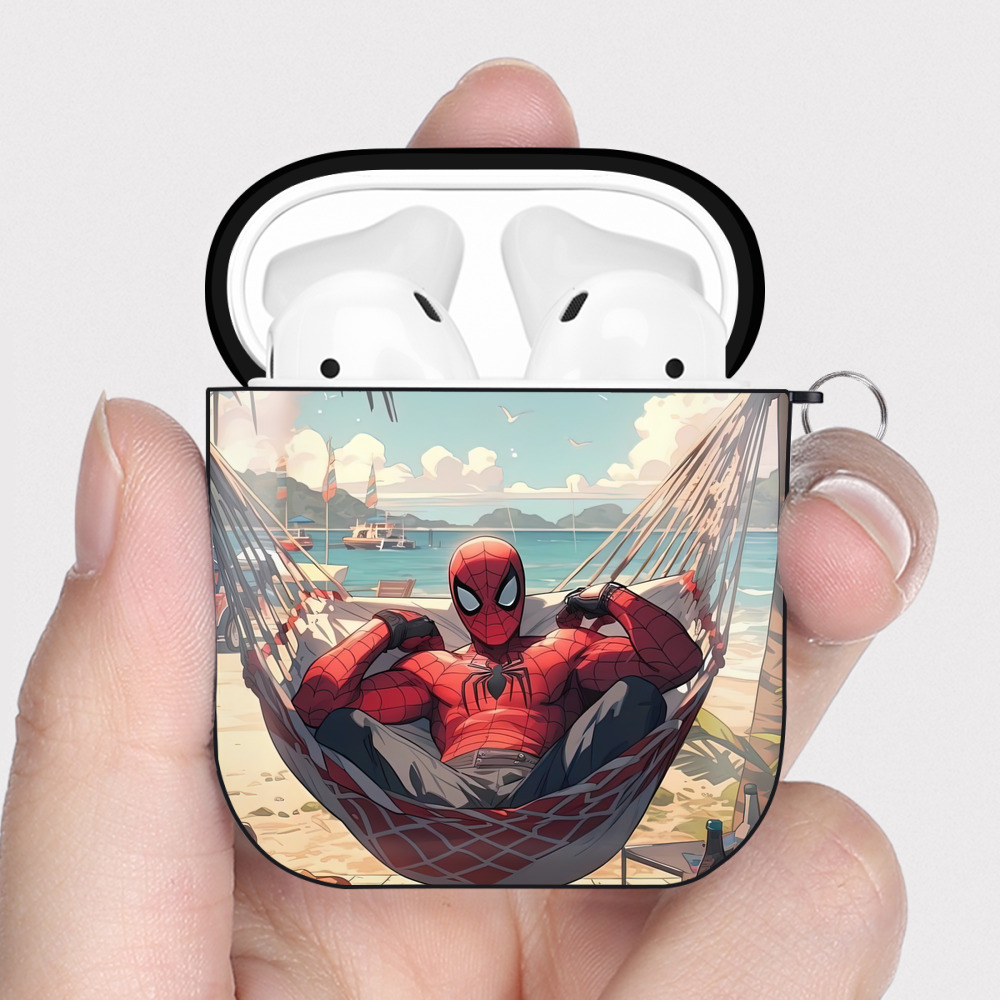 （画像用） Spider Man スパイダーマン AirPods 第2世代保護ケース ハードシェル ブラック 耐衝撃・防指紋・カラビナ付き