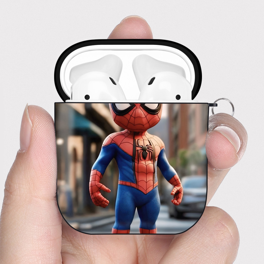 （画像用） Spider Man スパイダーマン AirPods 第2世代保護ケース ハードシェル ブラック 耐衝撃・防指紋・カラビナ付き