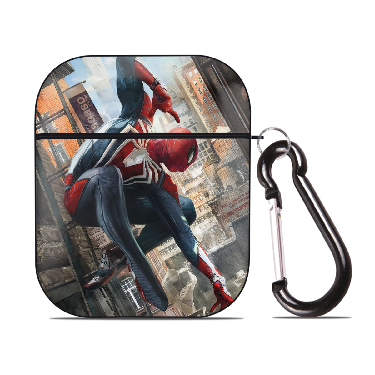 （画像用） Spider Man スパイダーマン AirPods 第2世代保護ケース ハードシェル ブラック 耐衝撃・防指紋・カラビナ付き
