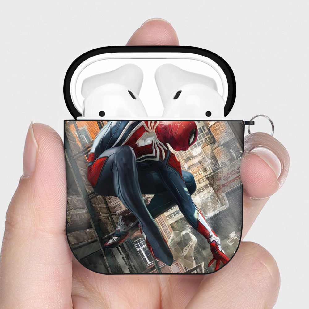 （画像用） Spider Man スパイダーマン AirPods 第2世代保護ケース ハードシェル ブラック 耐衝撃・防指紋・カラビナ付き