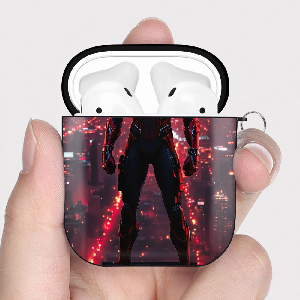 （画像用） Spider Man スパイダーマン AirPods 第2世代保護ケース ハードシェル ブラック 耐衝撃・防指紋・カラビナ付き