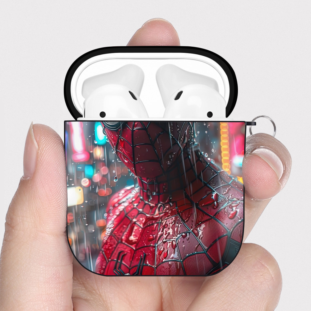 （画像用） Spider Man スパイダーマン AirPods 第2世代保護ケース ハードシェル ブラック 耐衝撃・防指紋・カラビナ付き