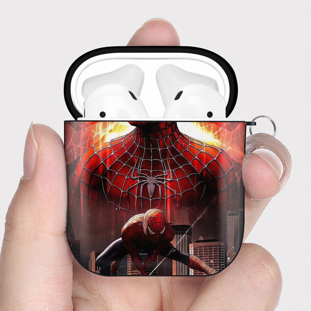 （画像用） Spider Man スパイダーマン AirPods 第2世代保護ケース ハードシェル ブラック 耐衝撃・防指紋・カラビナ付き