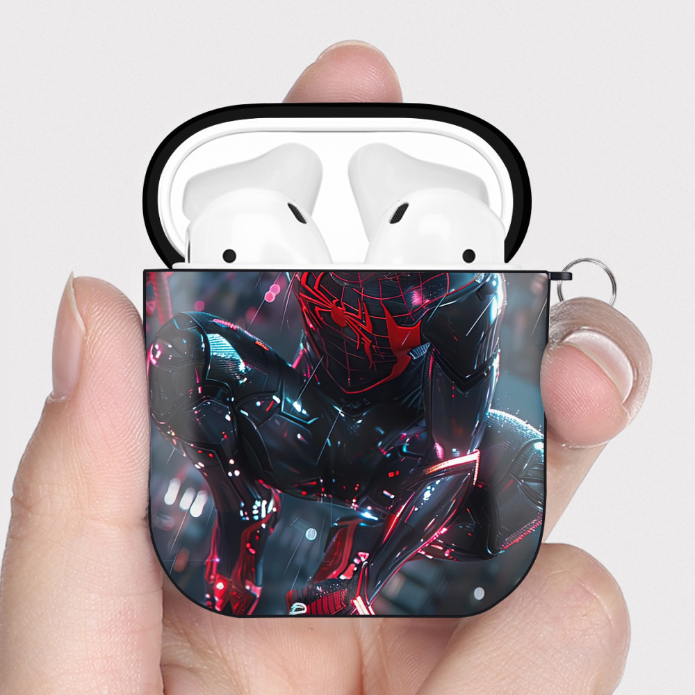 （画像用） Spider Man スパイダーマン AirPods 第2世代保護ケース ハードシェル ブラック 耐衝撃・防指紋・カラビナ付き
