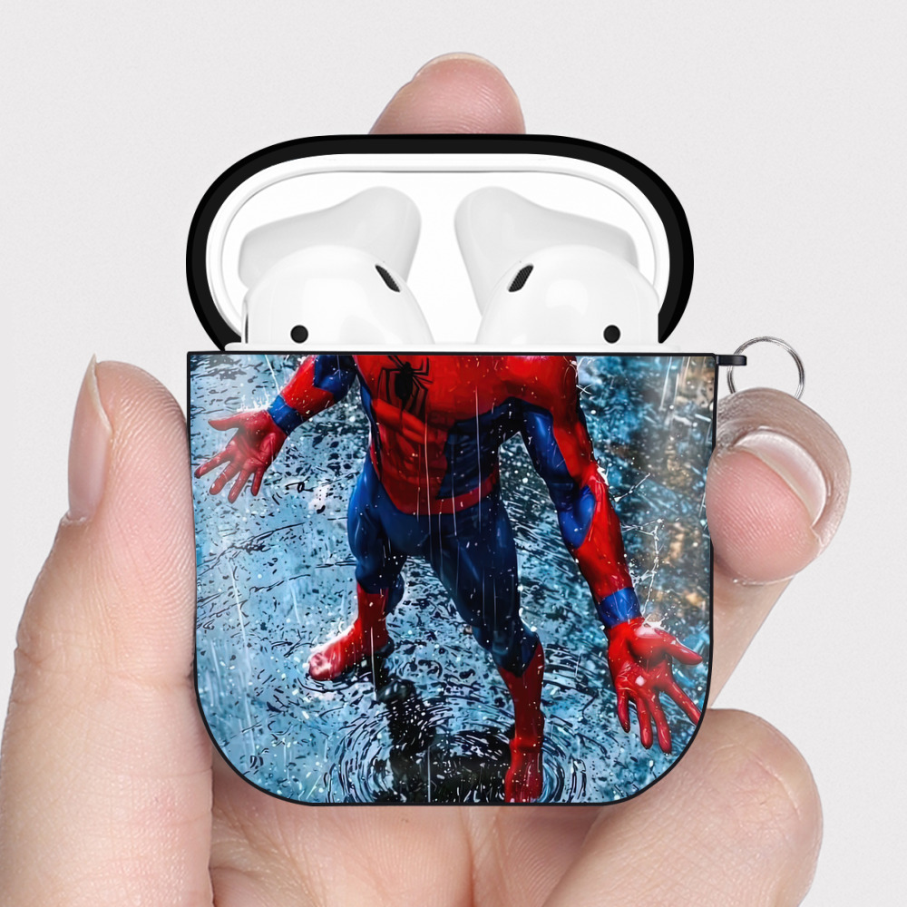 （画像用） Spider Man スパイダーマン AirPods 第2世代保護ケース ハードシェル ブラック 耐衝撃・防指紋・カラビナ付き