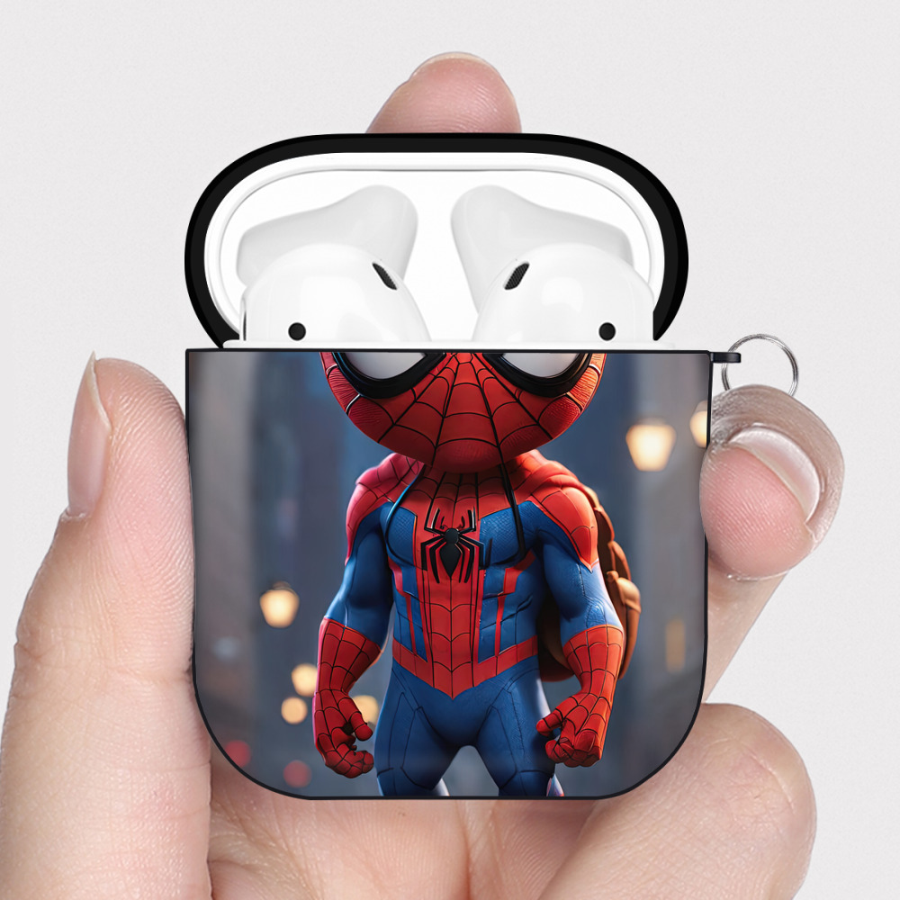 （画像用） Spider Man スパイダーマン AirPods 第2世代保護ケース ハードシェル ブラック 耐衝撃・防指紋・カラビナ付き