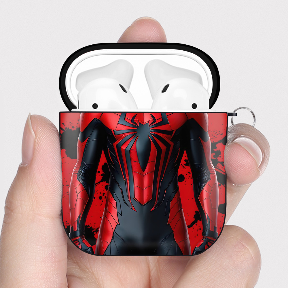 （画像用） Spider Man スパイダーマン AirPods 第2世代保護ケース ハードシェル ブラック 耐衝撃・防指紋・カラビナ付き