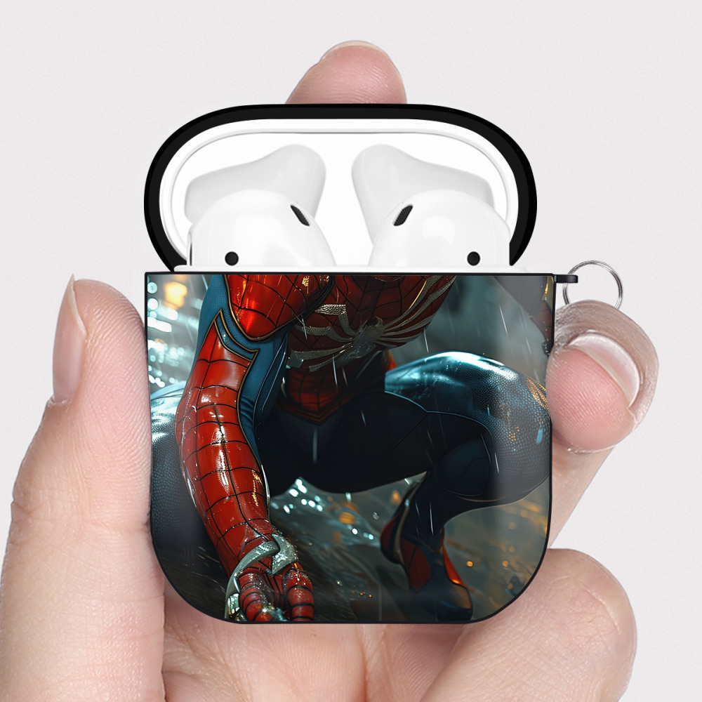 （画像用） Spider Man スパイダーマン AirPods 第2世代保護ケース ハードシェル ブラック 耐衝撃・防指紋・カラビナ付き
