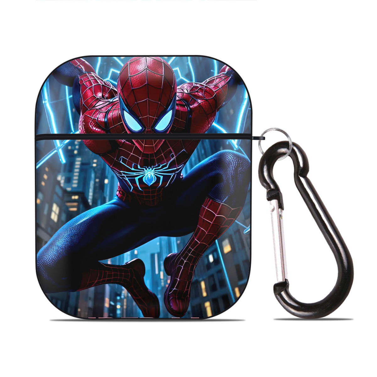 （画像用） Spider Man スパイダーマン AirPods 第2世代保護ケース ハードシェル ブラック 耐衝撃・防指紋・カラビナ付き