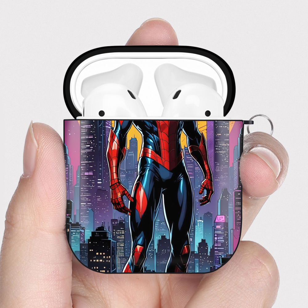 （画像用） Spider Man スパイダーマン AirPods 第2世代保護ケース ハードシェル ブラック 耐衝撃・防指紋・カラビナ付き