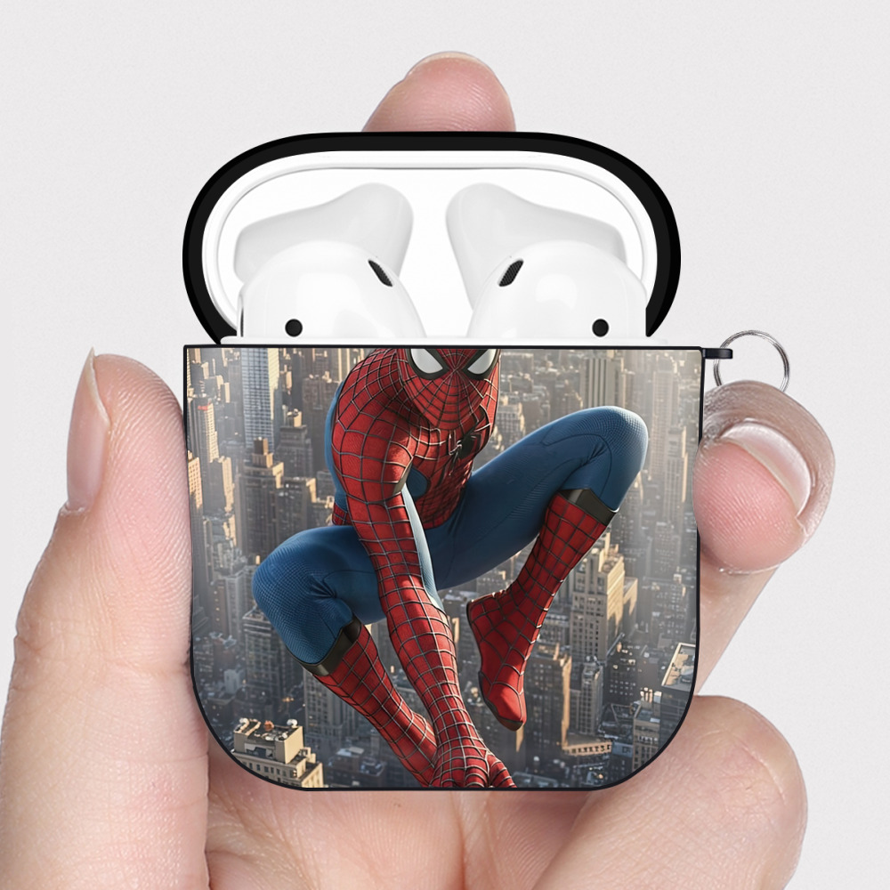 （画像用） Spider Man スパイダーマン AirPods 第2世代保護ケース ハードシェル ブラック 耐衝撃・防指紋・カラビナ付き