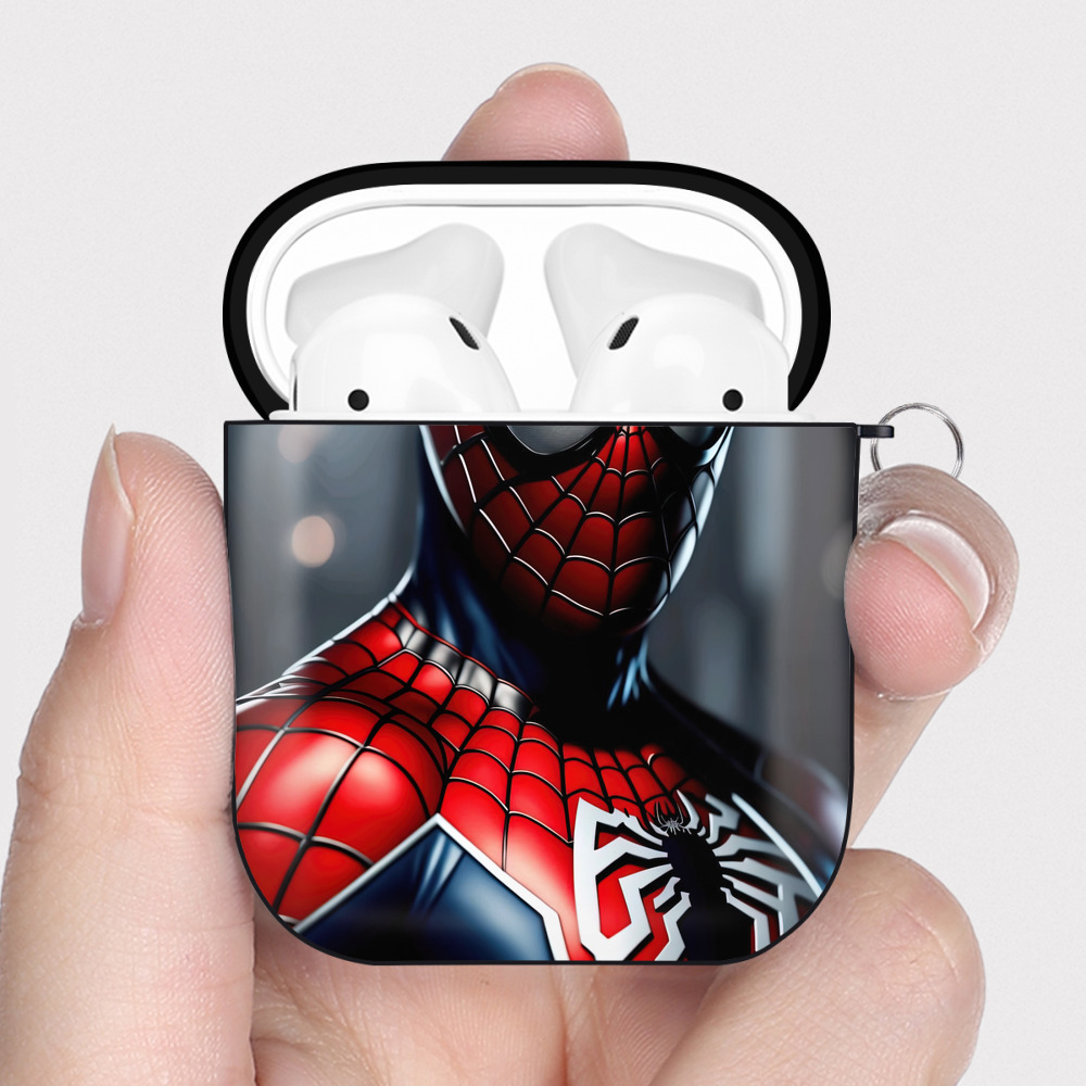 （画像用） Spider Man スパイダーマン AirPods 第2世代保護ケース ハードシェル ブラック 耐衝撃・防指紋・カラビナ付き