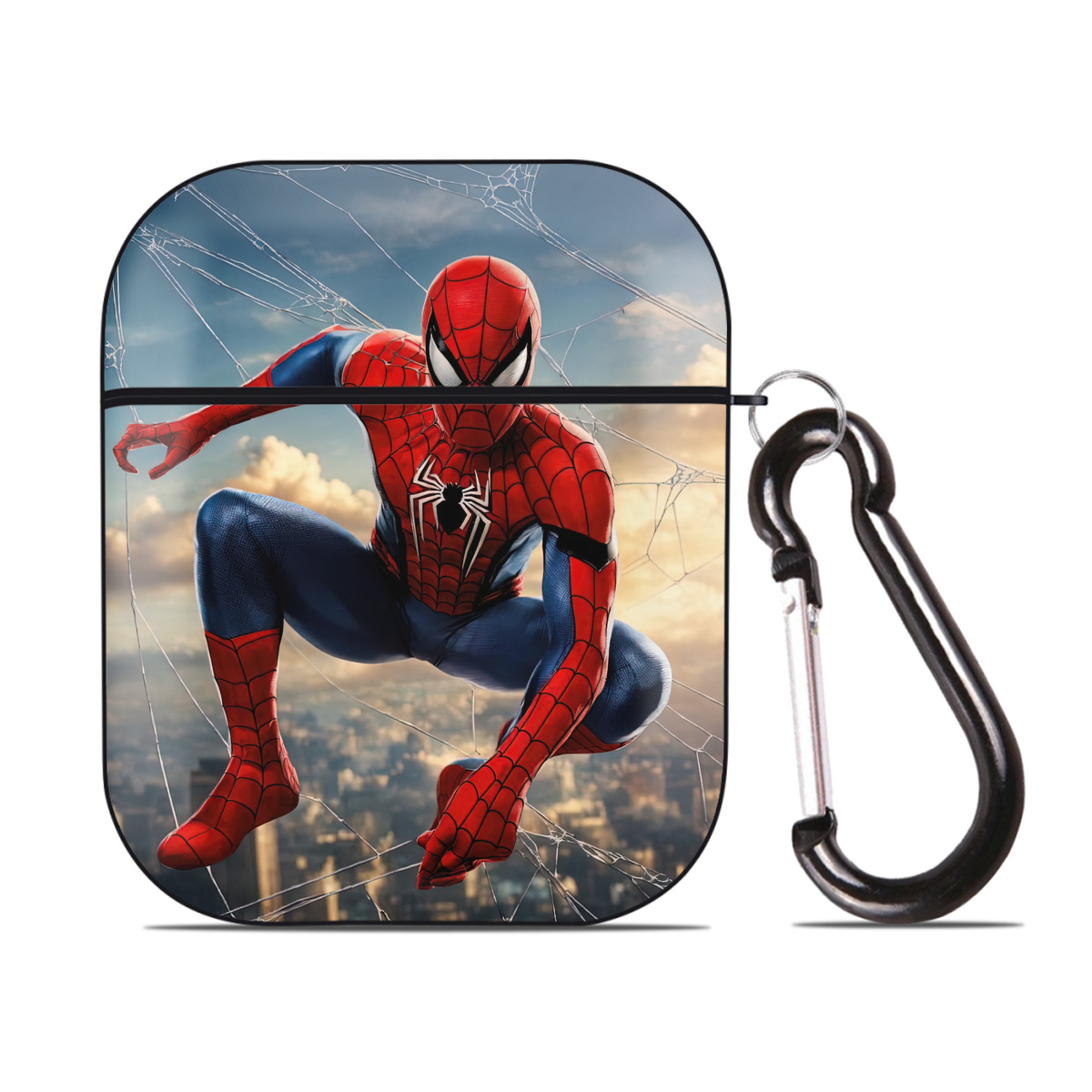 （画像用） Spider Man スパイダーマン AirPods 第2世代保護ケース ハードシェル ブラック 耐衝撃・防指紋・カラビナ付き